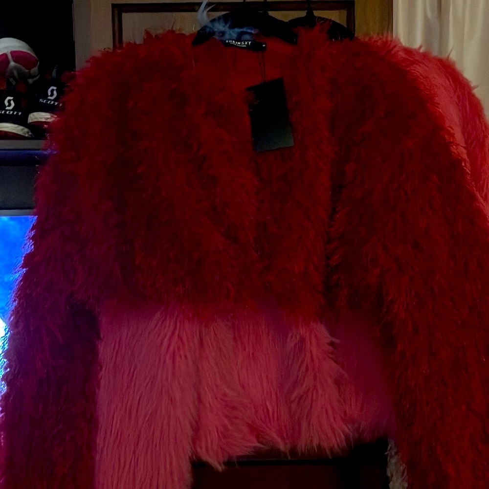 NWT red faux fur short jacket coat